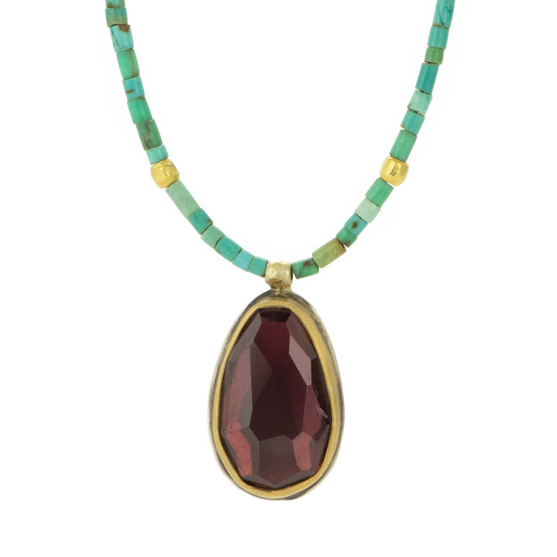 Ananda Khalsa Green Turquoise Bead Necklace with Garnet Pendant | Quadrum Gallery