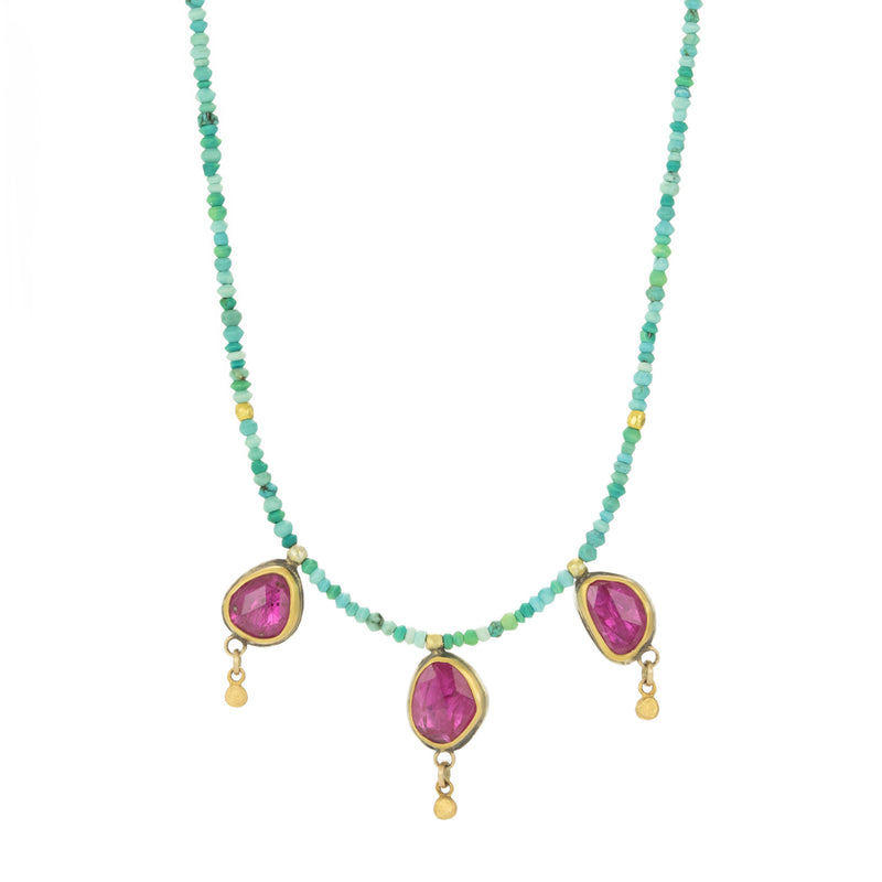 Ananda Khalsa Turquoise Beaded Necklace with Three Ruby Pendants | Quadrum Gallery