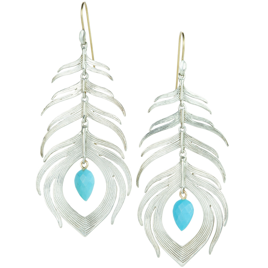 Annette Ferdinandsen Long Silver Peacock Feather Turquoise Earrings | Quadrum Gallery