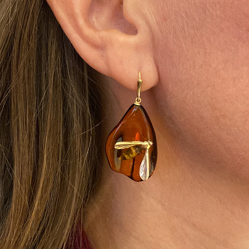 Annette Ferdinandsen Baltic Amber Honey Drop Earrings with Bee | Quadrum Gallery