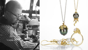 A black and white image of jewelry designer Anthony Lent sitting and hammering at his jewelry workbench alongside an image of his handcrafted jewelry; a Tahitian pearl pendant necklace with 18k yellow gold leaves, an 18k yellow gold skull ring with a white pearl, a pair of white pearl fairy drop earrings
