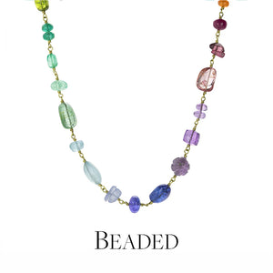 Beaded necklace with multicolored beads on a white background