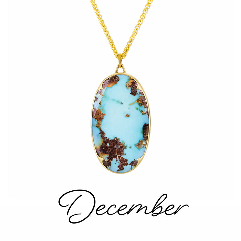 Turquoise pendant necklace with gold chain on a white background, labeled 'December'.