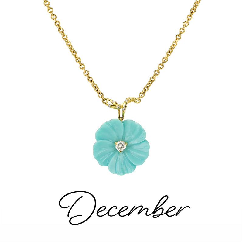 Turquoise flower pendant necklace with gold chain on a white background, labeled 'December'.