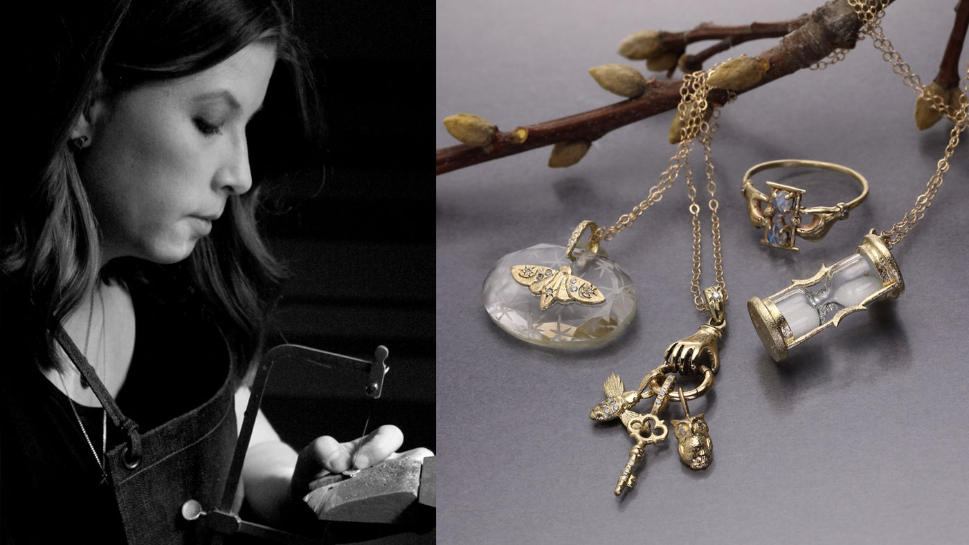 Jewelry set with pendants and a ring on a branch, next to a black and white photo of a woman holding stones.