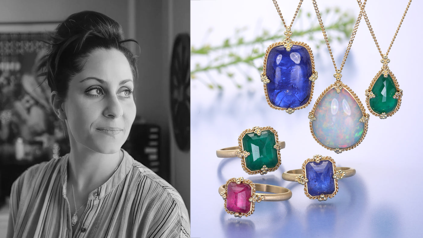 Woman looking at jewelry with close-up of colorful gemstone rings and pendants.