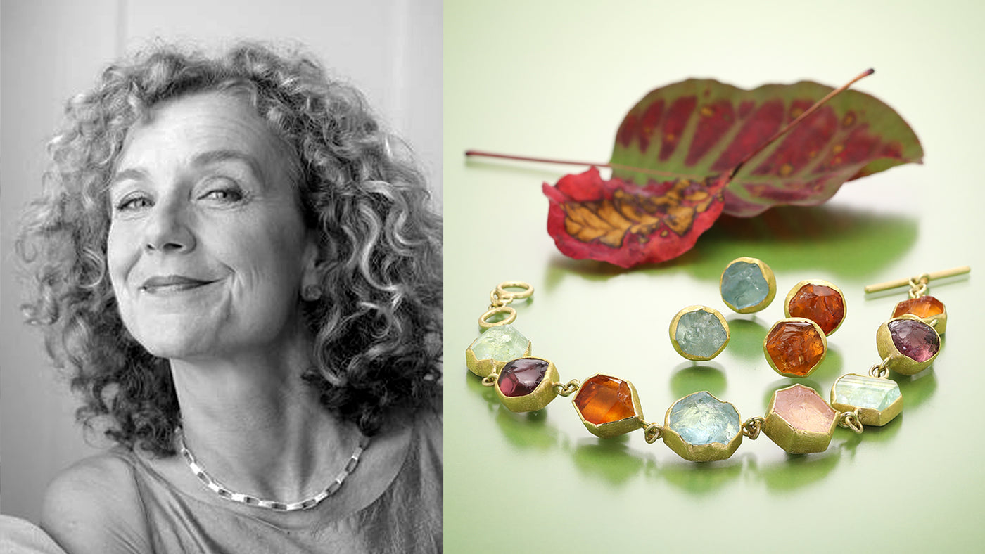Woman with curly hair next to a colorful bracelet on a green background