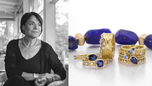A black and white image of jewelry designer Barbara Heinrich alongside an image of her handcrafted jewelry, a large lapis nugget necklace with 18k yellow gold beads, and eight 18k yellow gold rings with various size and shaped blue sapphires set in bezels and accented with white diamonds