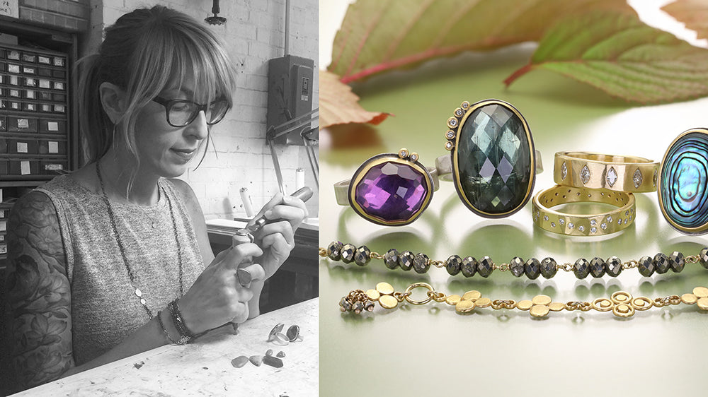 A split image showing a black-and-white photo of a woman crafting jewelry on the left, and a color photo of several handmade rings and bracelets on the right, including one with a large purple amethyst cabochon and others with iridescent and gold-toned settings.