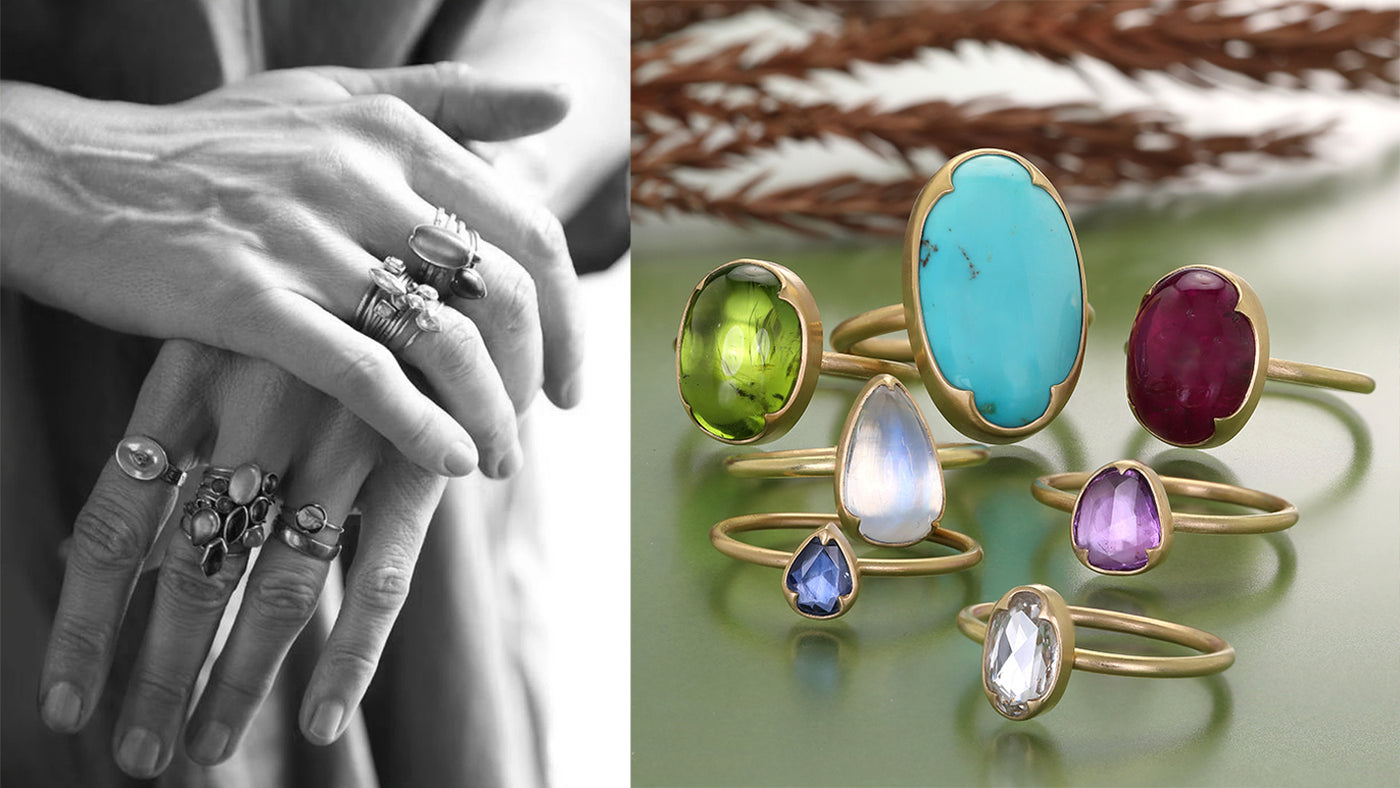 Collage of hands wearing rings and colorful gemstone rings on a green surface.