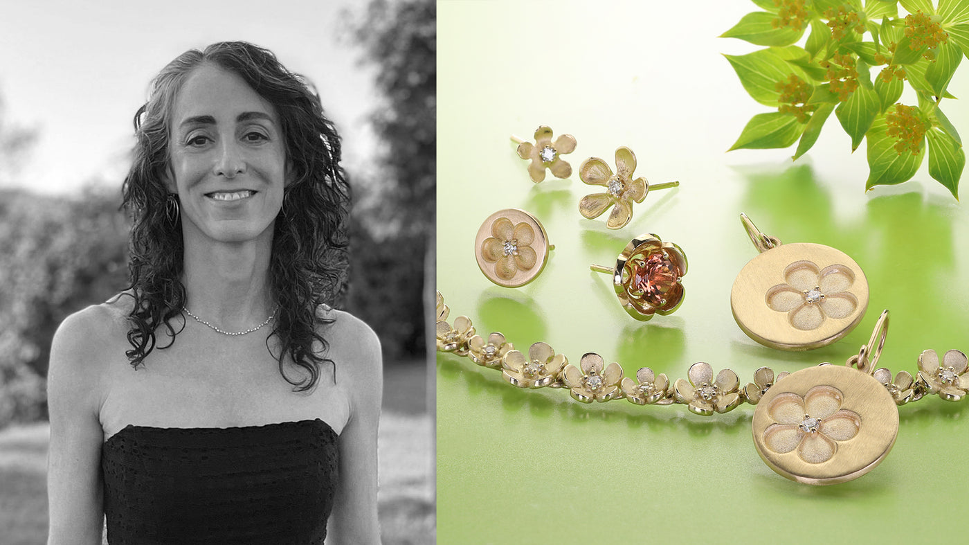 A split image: the left half is a black-and-white portrait of a smiling woman outdoors, and the right half shows gold floral jewelry pieces including earrings, a ring, and a bracelet on a bright green surface with leaves.