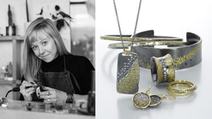 A black and white image of jewelry designer Kate Maller, working in her studio alongside an image of her handcrafted jewelry, two thin mixed metal cuffs resting on top of a wider mixed metal cuff with black diamonds, a mixed metal dogtag pendant necklace, three mixed metal rings and a pair of round, mixed metal drop earrings
