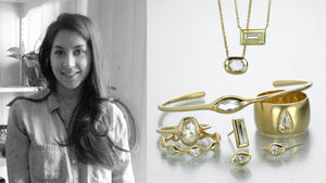 A black and white image of jewelry designer Diana Mitchell alongside an image of her handcrafted jewelry; three rings, two pairs of studs, a bangle and two pendant necklaces in 18k yellow gold and diamonds