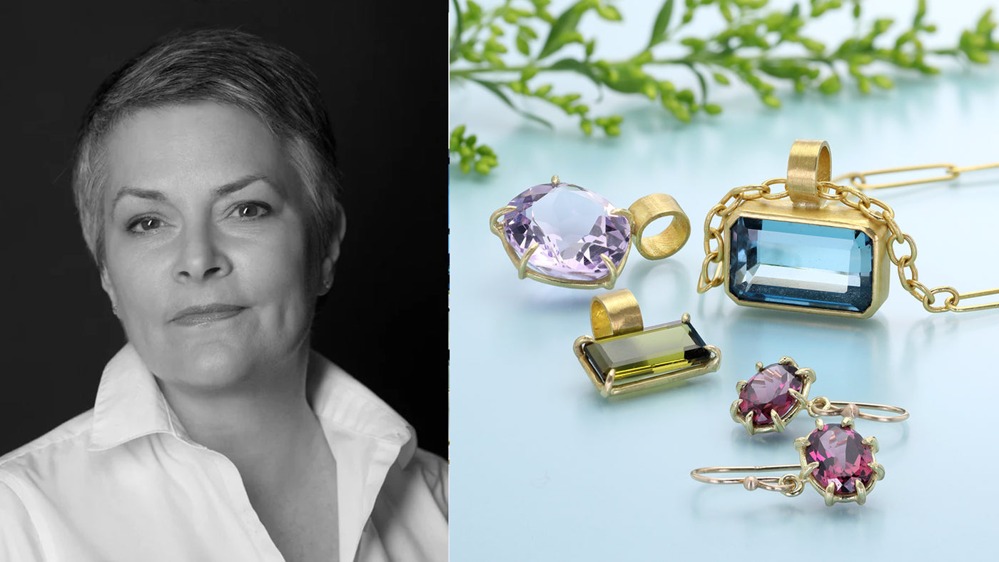 Woman's face on the left with jewelry on a light blue background on the right