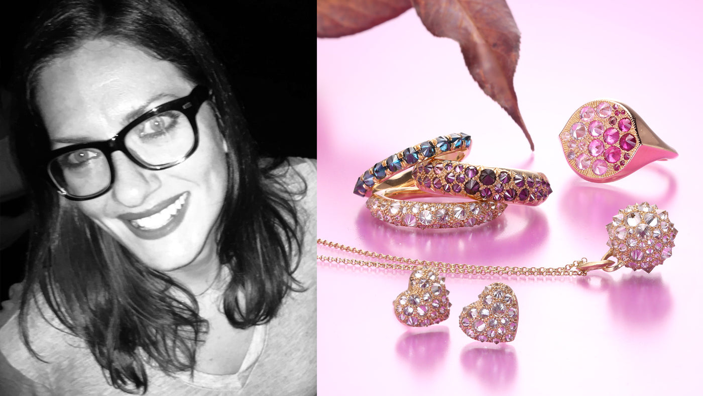 Jewelry set with pink and gold accents on a pink background