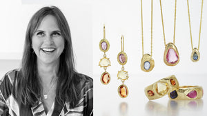 A black and white photograph of jewelry designer page sargisson, a pair of multicolored sapphire drop earrings, a blue sapphire pendant necklace, a pink sapphire pendant necklace and two wide hand craved bands, one featuring yellow and orange sapphires and the other with multicolored gemstones