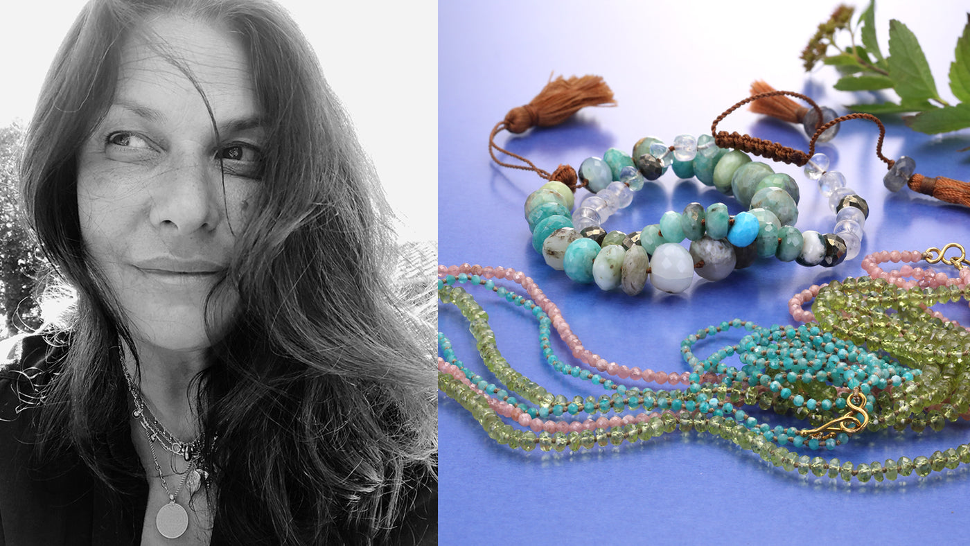Person with long hair and a necklace on the left, and beaded bracelets on a blue surface on the right.