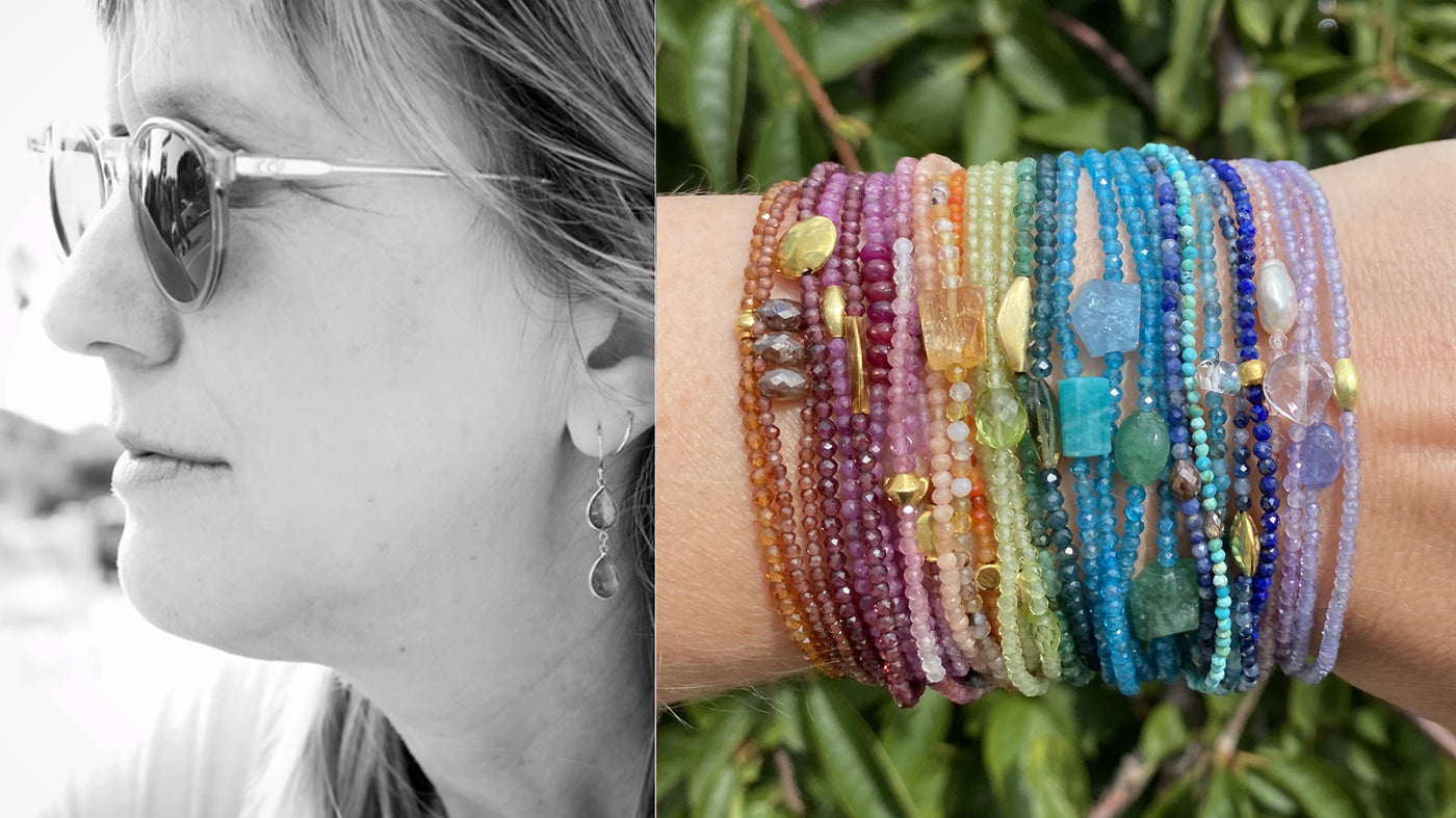 A black and white photograph of jewelry designer margaret solow wearing sunglasses next to a model wearing a collection of delicate gemstone bracelets in a rainbow of colors