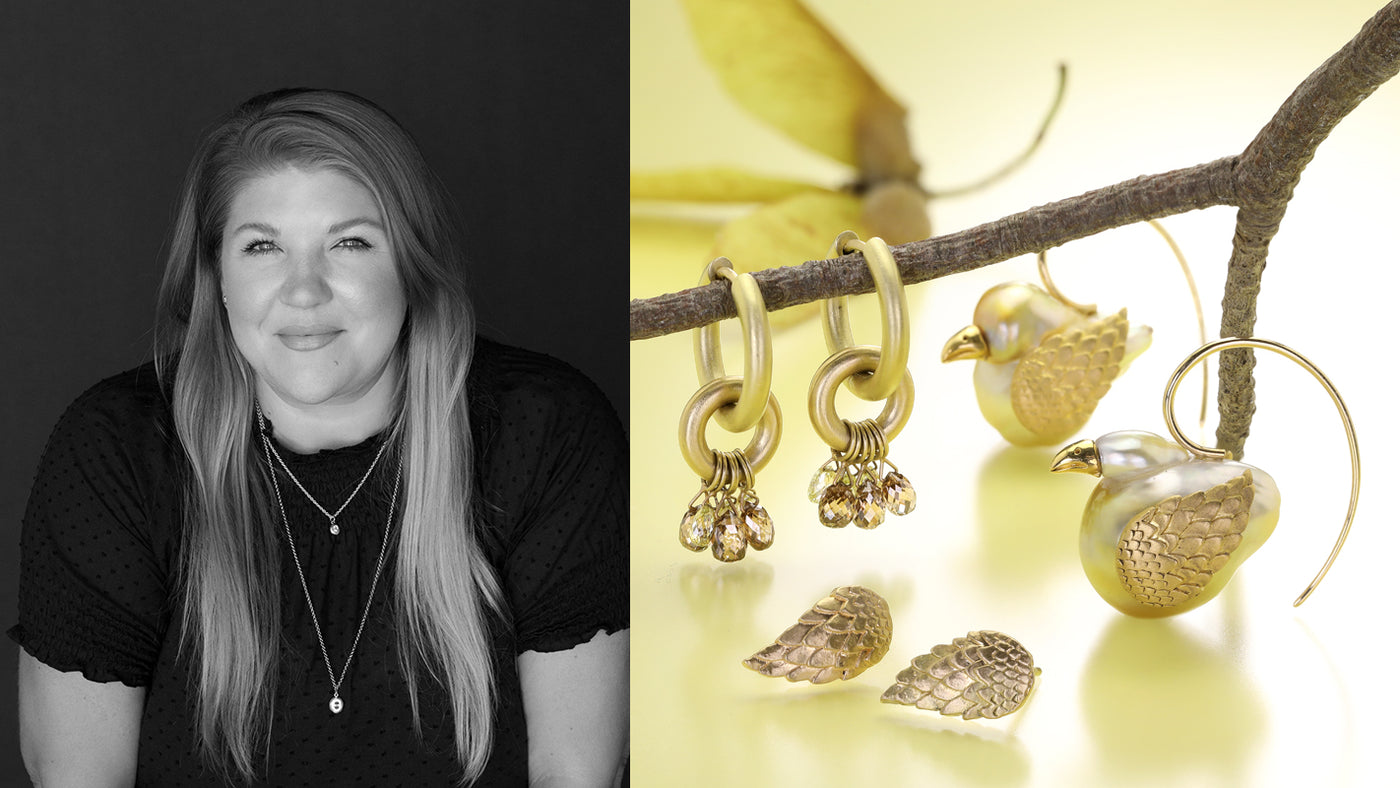 Woman with jewelry on and gold bird-shaped earrings on a branch
