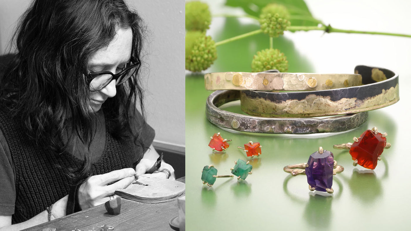 Collage of a person working on jewelry and various rings with gemstones.