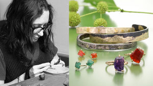 Collage of a person working on jewelry and various rings with gemstones.
