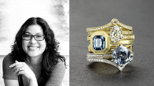 A black and white photograph of jewelry designer Erika Winters next to a collection of her diamond and blue sapphire rings