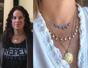 Woman wearing layered necklaces with close-up of jewelry details