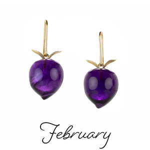 A pair of 18k yellow gold plum earrings with carved amethyst drops. Handcrafted by jewelry designer Gabriella Kiss. 