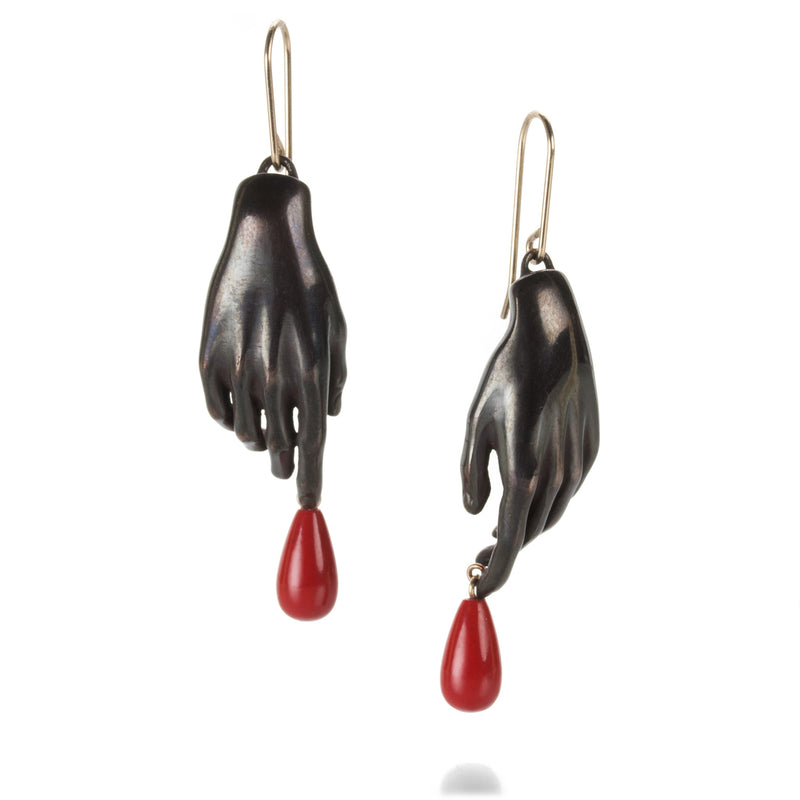 Gabriella Kiss Oxidized Bronze Hand Earrings with Red Drops | Quadrum Gallery