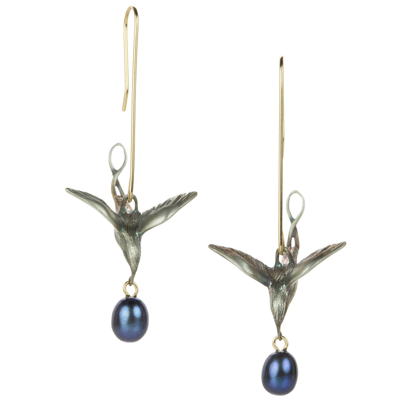 Gabriella Kiss Silver Flying Bird Earrings with Black Pearl Drops | Quadrum Gallery