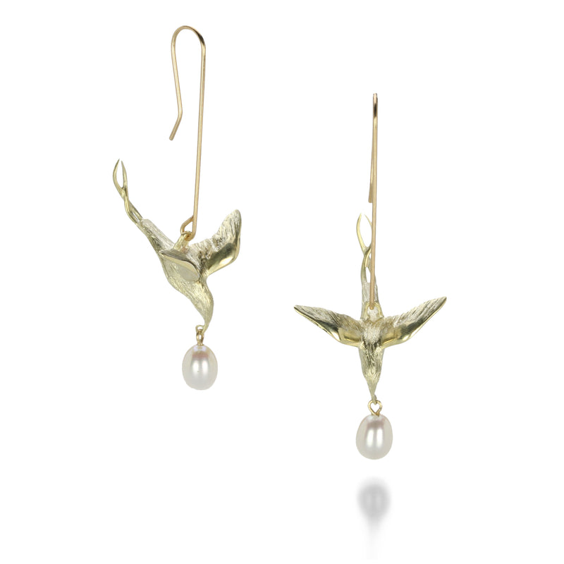 Gabriella Kiss 18k Flying Bird Earrings with White Pearl Drops | Quadrum Gallery