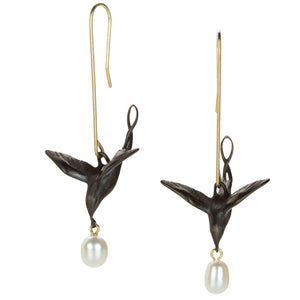 Gabriella Kiss Bronze Flying Bird Drop Earrings with White Pearls | Quadrum Gallery