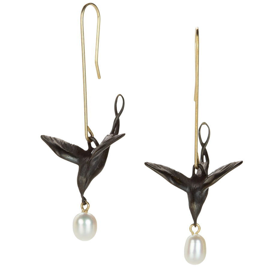 Gabriella Kiss Bronze Flying Bird Drop Earrings with White Pearls | Quadrum Gallery