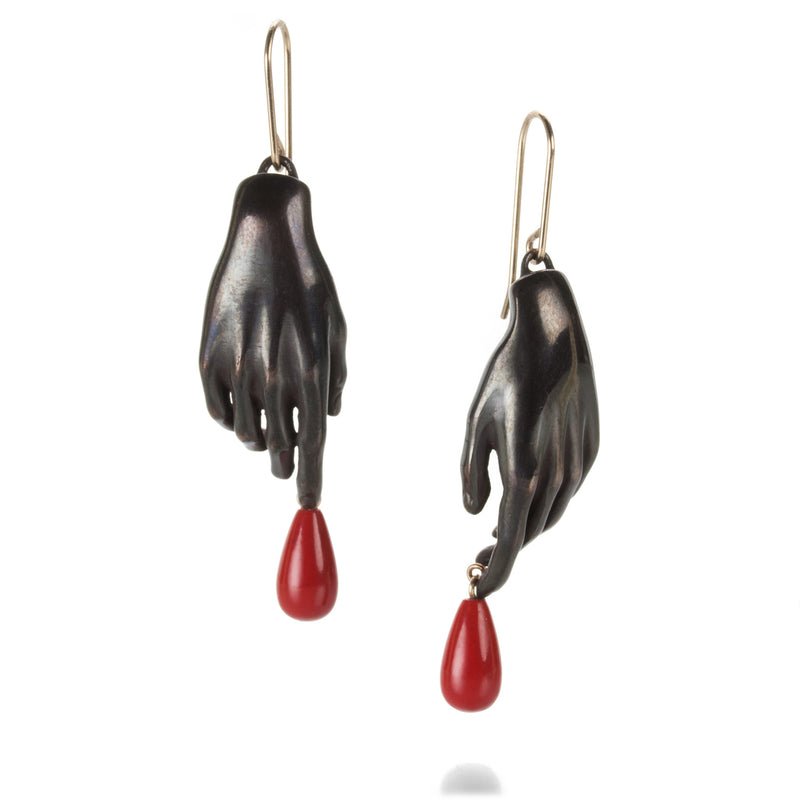 Gabriella Kiss Hand Earrings with Red Drops in Bronze  | Quadrum Gallery