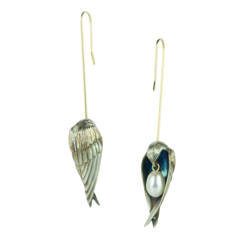 Gabriella Kiss Silver Sleeping Bird Earrings with Pearl Drops | Quadrum Gallery