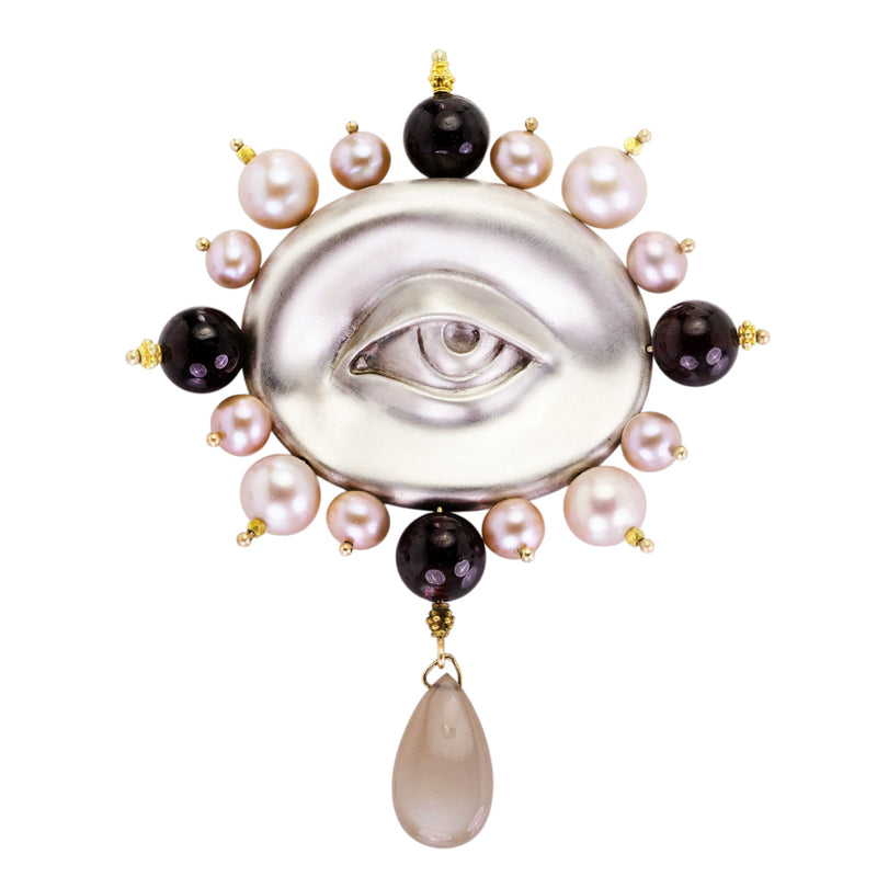 Gabriella Kiss Pearl, Garnet & Moonstone Eye Brooch | Quadrum Gallery