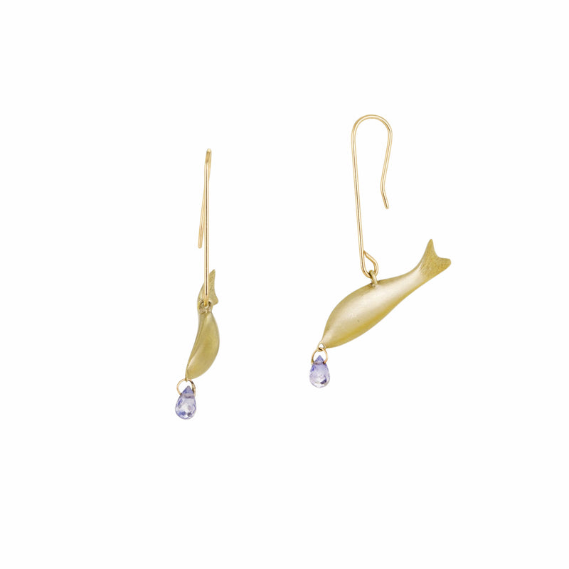 Gabriella Kiss Gold Fish Earrings with Sapphire Drops | Quadrum Gallery