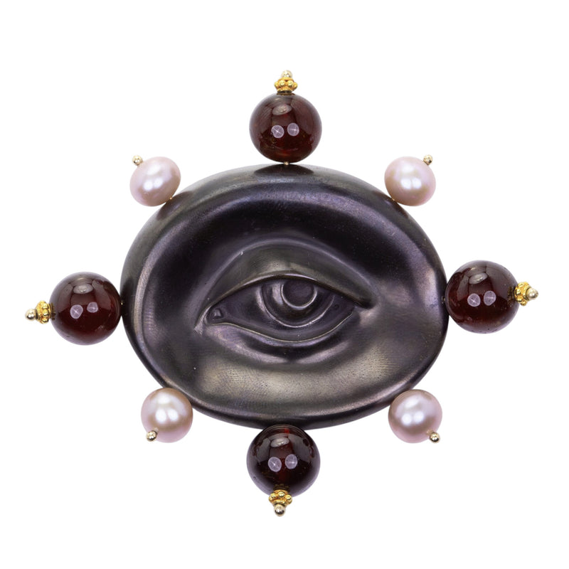 Gabriella Kiss Garnet and Pearl Bronze Eye Pin | Quadrum Gallery