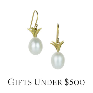 A pair of 18k yellow gold pineapple drop earrings with white freshwater pearl drops. Handcrafted by jewelry designer Annette Ferdinandsen