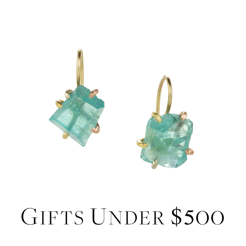 Turquoise earrings with gold accents on a white background, labeled 'Gifts Under $500'.