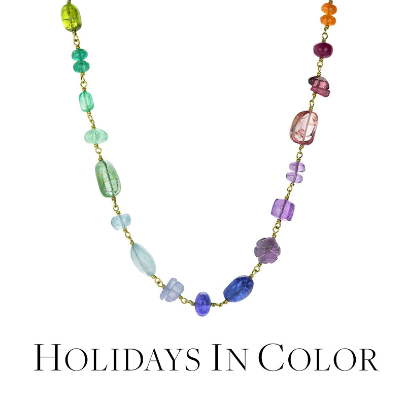 Colorful beaded necklace on a white background with 'Holidays In Color' text.