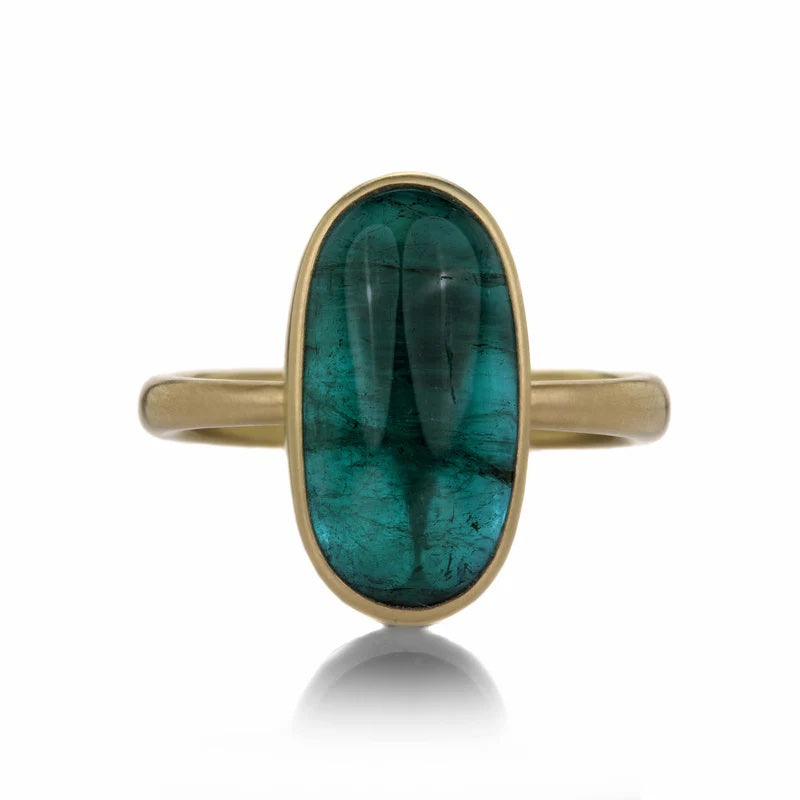 Gold ring with a green gemstone on a white background