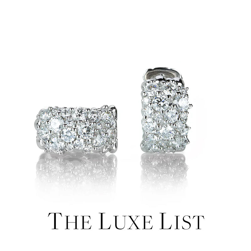 Pair of diamond earrings on a white background with 'The Luxe List' branding.