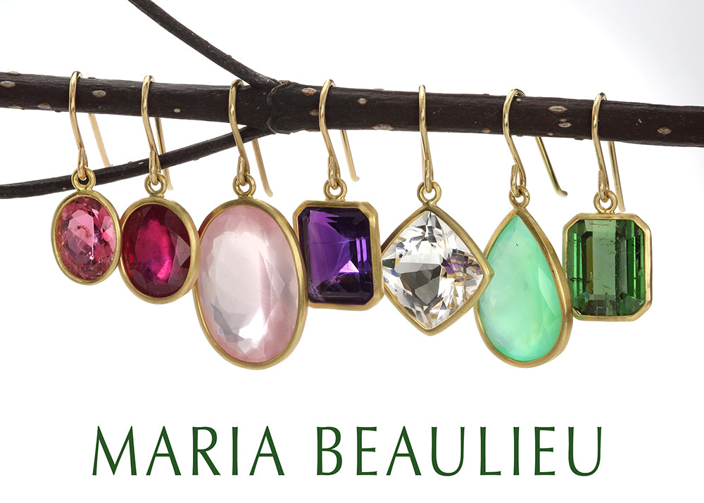 Gemstone earrings from left to right, featuring bezel set pink tourmaline, ruby, rose quartz, amethyst, quartz, chrysoprase and green tourmaline drops. Handcrafted by jewelry designer Maria Beaulieu. 