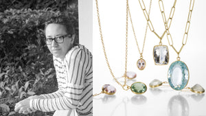 A black and white photograph of jewelry designer maria beaulieu next to an image of her gemstone jewelry, featuring a pair of oval, morganite drop earrings, an oval tsavorite garnet pendant, oval oval faceted aquamarine pendant on a lightweight link chain