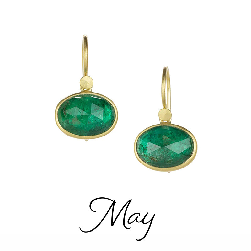 Gold earrings with green gemstones on a white background, labeled 'May'.