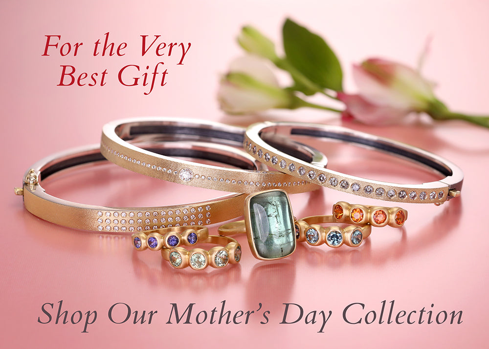 Jewelry set with gemstones on a pink background, promotional text for Mother's Day collection.