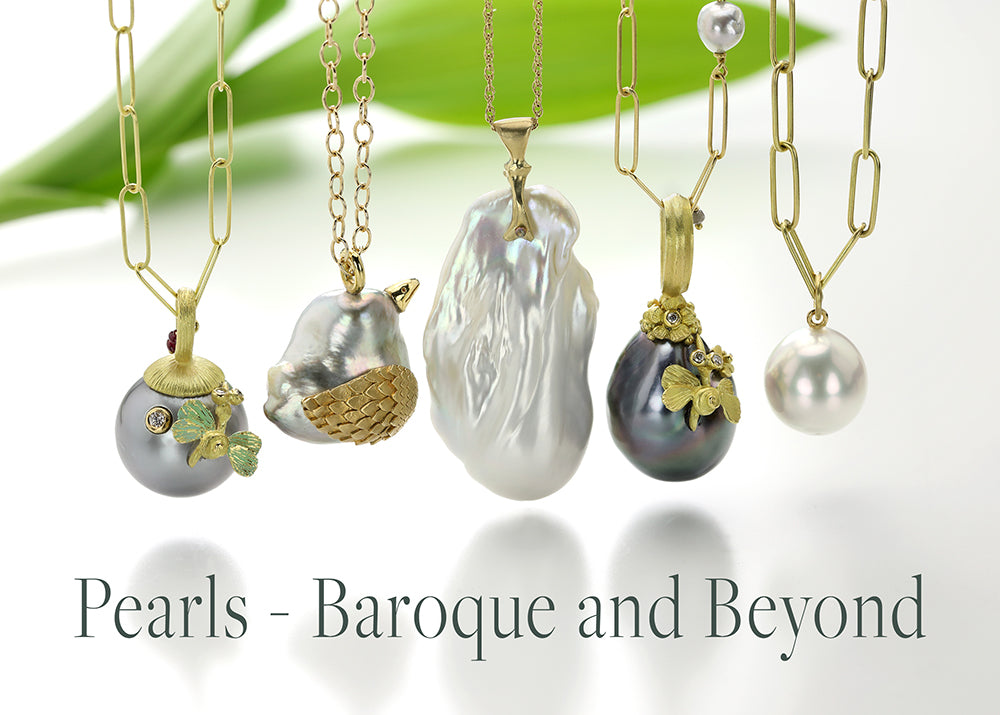 A collection of pearl pendant necklaces by jewelry designers Lene Vibe, Fannie Thomas, Annette Ferdinandsen, and Maria Beaulieu, all pictured on 18k yellow gold chains of varying styles. 