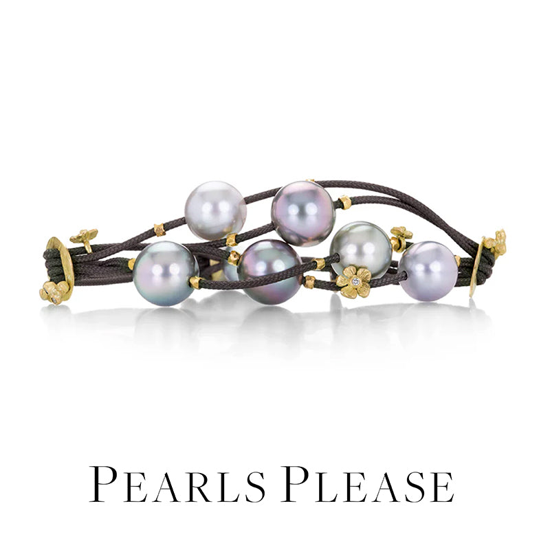 Pearl bracelet with gold accents on a white background, featuring the text 'Pearls Please'.