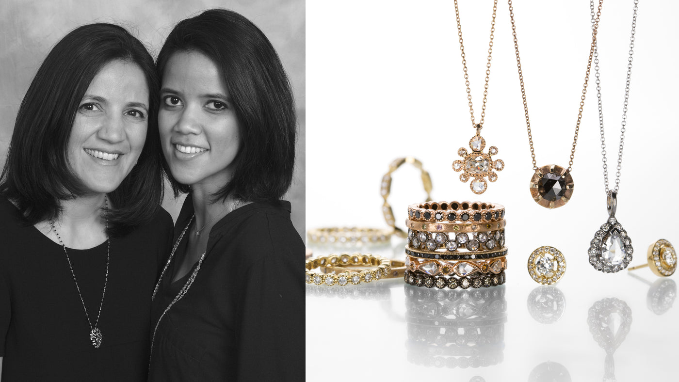 A black and white photograph of jewelry designers prerna sethi and pratima sethi of Sethi Couture fine jewelry, stacking rings, diamond bands, wedding bands, bridal jewelry, diamond jewelry, diamond necklaces, black diamond necklace, handcrafted diamond jewelry, unique jewelry